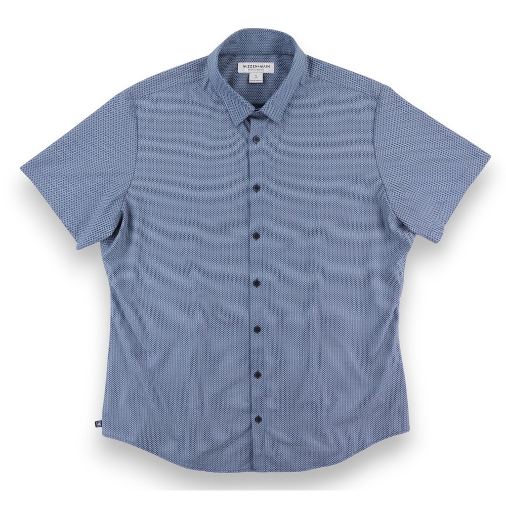 Mizzen+Main Leeward Short Sleeve Dress Shirt Mens XL Trim Navy Blue Circle Geo